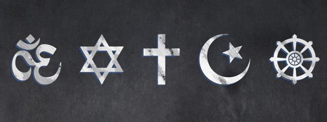 黑色背景上的五个白色宗教图标.